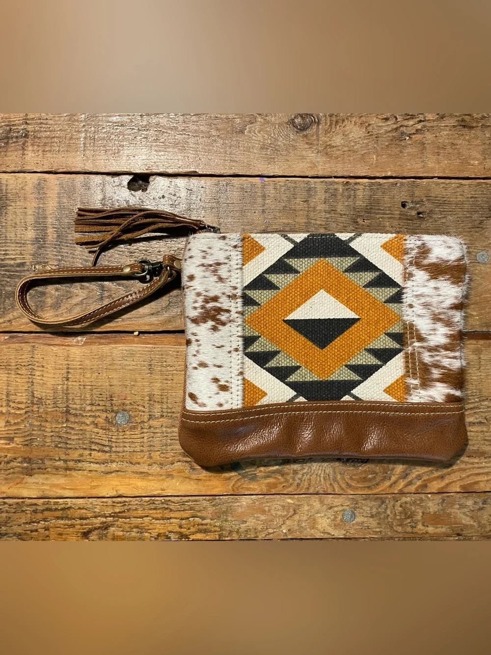 Myra Bag Brown Tan White Aztec Print Wristlet Clutch